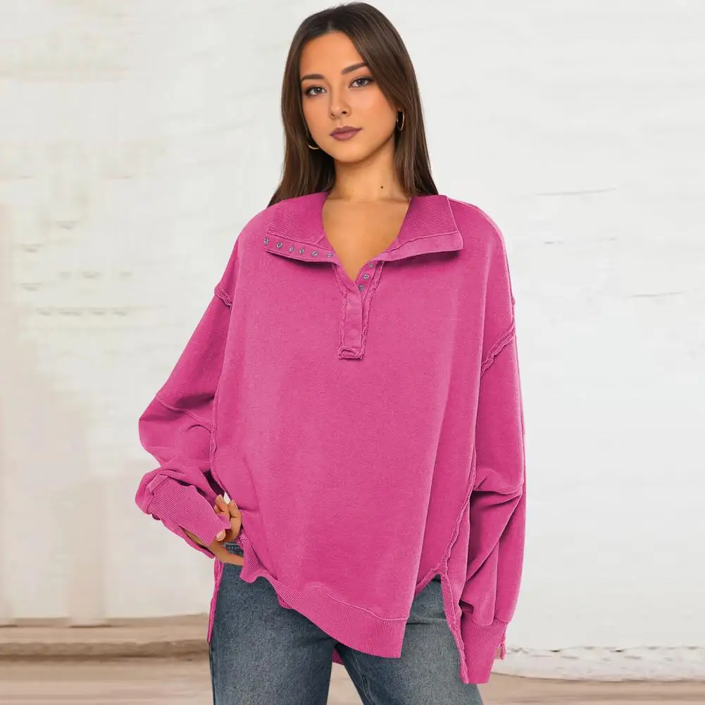 

V-neck Sweatshirt Women's Loose Lantern Sleeve Sweatshirt With Turn-down Collar Side Slit Button Detail Fall Spring For Sport