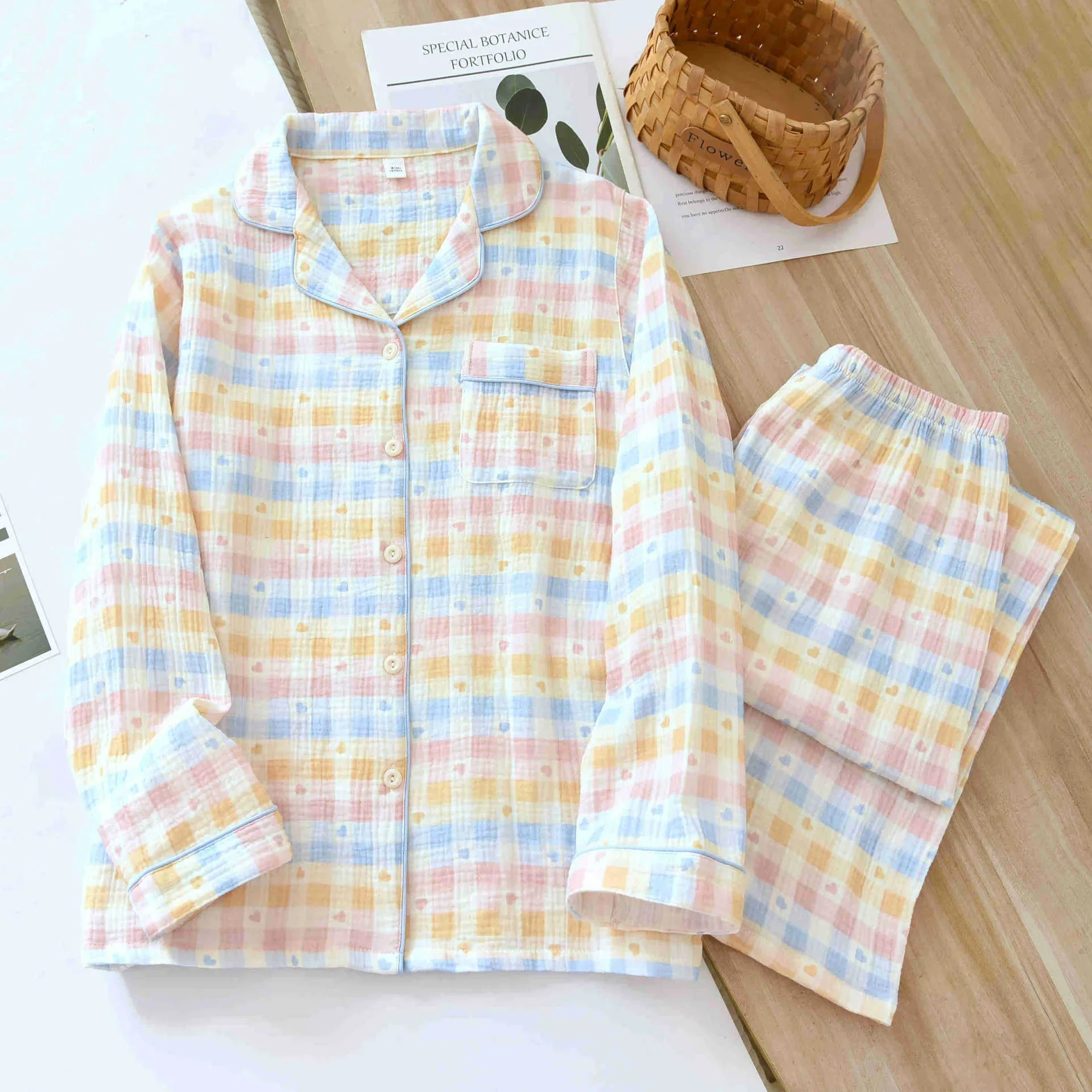 

Spring and Autumn Color lattice Women's Pajama Set 100% Cotton Crepe Long Sleeve Long Pants Home Clothes Sleepwear Ladies