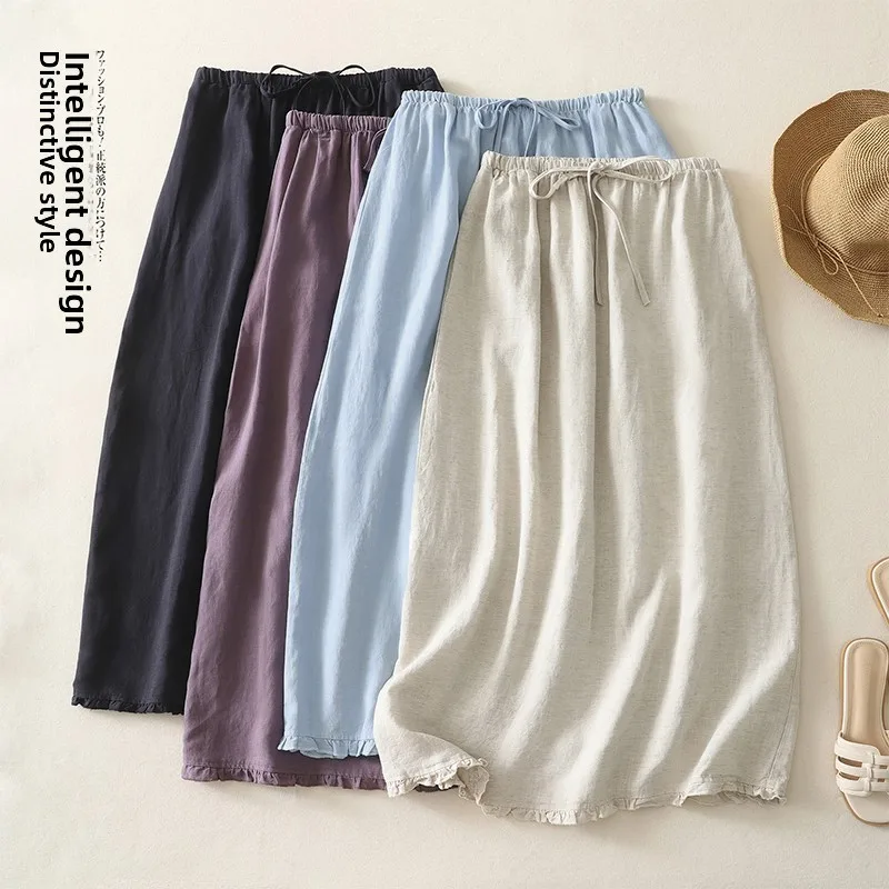 

High Waist Cotton Linen f Skirt Women Summer Thin Dstring Elastic Waist Slimming Long Skirt A-Line Midi Skirt