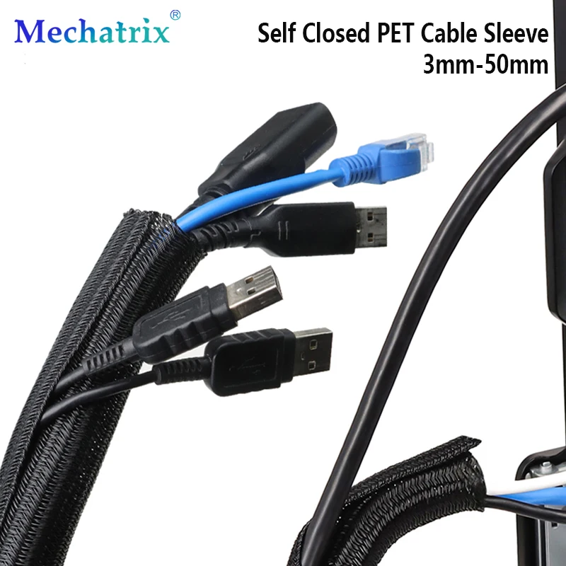 1-50M Black Self Closed Cable Sleeve 3mm-50mm PET Braided Auto Line Management Overlaps Loom Split Pipe Tube Wire Protect Wrap