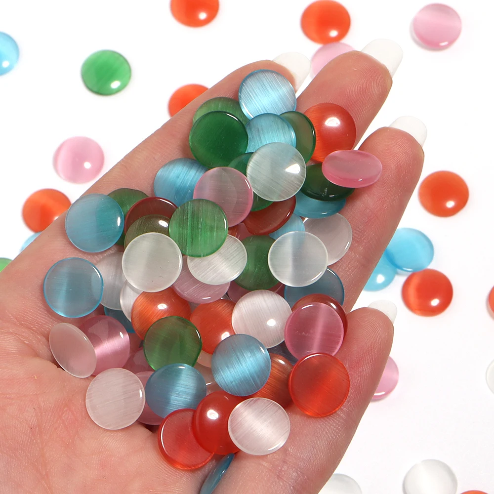 6 8 10 12 14mm Flat Round Natural Stone Cabochon Coloful Cat Eye Loose Beads For Jewelry Making DIY Craft Charm Ring Necklace