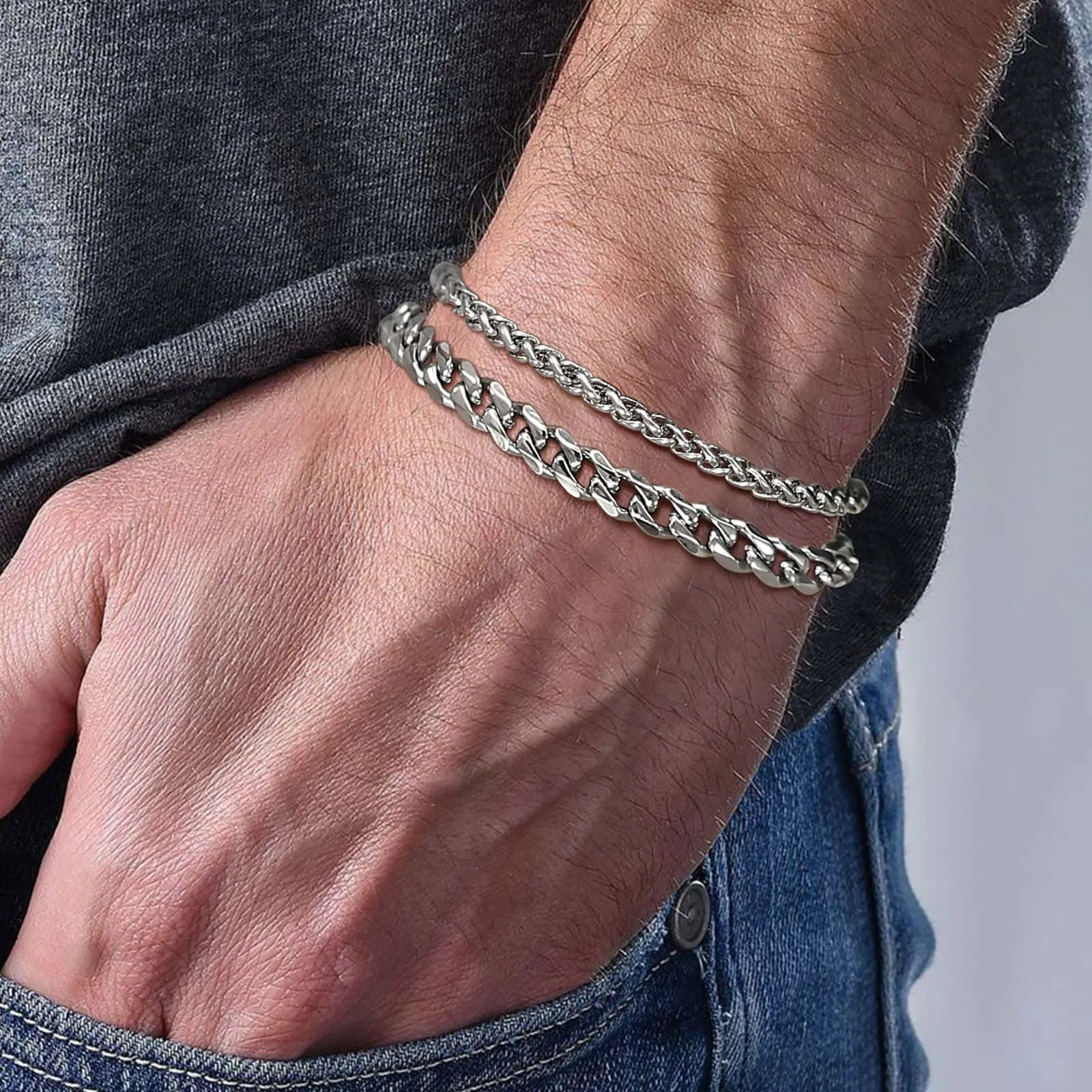 Vnox 1/2/3Pcs Cuban/Figaro/Wheat/Twist Rope Chain Bracelets Set for Men, Stainless Steel Metal Hypoallergenic Wristband Jewelry