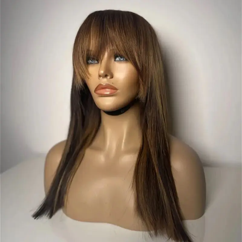 المرأة شعر مستعار أومبير الشوكولاته البني الاصطناعية الدانتيل شعر مستعار أمامي مستقيم بوب شعر مستعار مع الانفجارات قسط ارتفاع درجة الحرارة الألياف شعر مستعار للحفلات