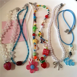 Y2K Goth Harajuku Pink Flower Bow Star Pendant Colorful Acrylic Beaded Choker Necklace Women Aesthetic Charm Jewelry Accessories
