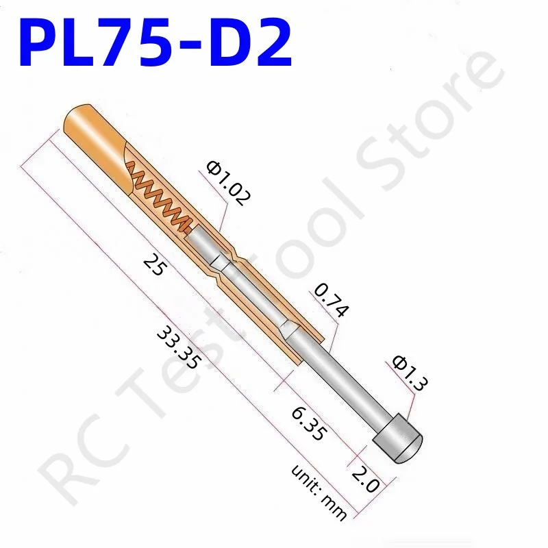 

100PCS Spring Test Probe PL75-D2 Test Pin PL75-D Nickel-Plated Round Head Dia 1.3mm Spring Test Pogo Pin Dia 1.02mm Test Tool