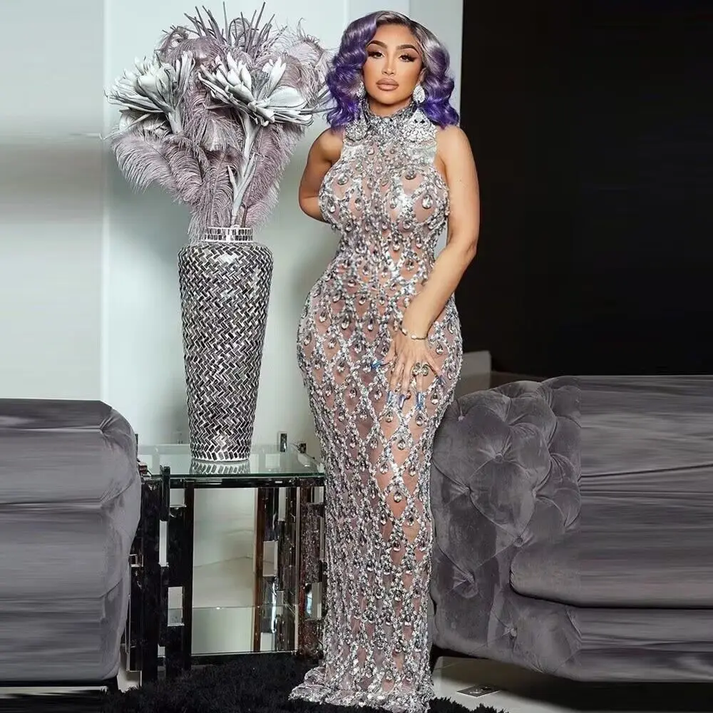 Vestido de lentejuelas de diamantes de imitación brillantes para mujer, vestido de noche para baile de graduación, vestido de cumpleaños transparente para cantante de actuación, vestido de anfitrión de Club Sexy