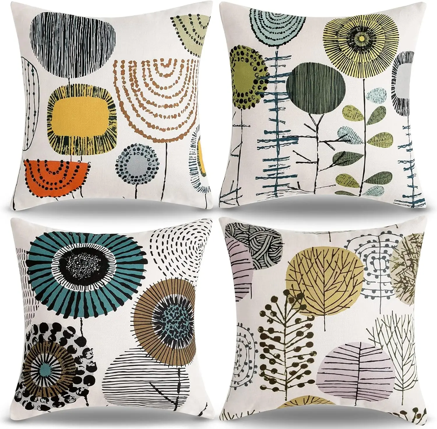 4pcs Retro Floral Pillow Covers 45x45cm Linen-Blend Fabric: Bold Teal,Olive & Terracotta Abstract Botanical Prints on Cream Base