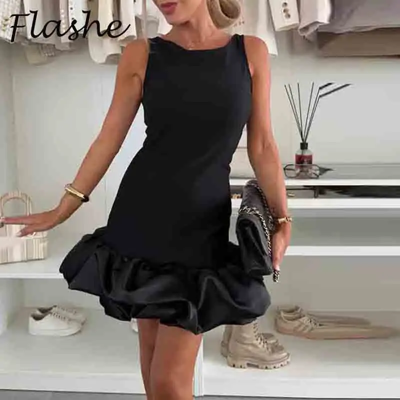

Elegant Black Ruffle Mini Dress Women Sleeveless Bodycon Dresses For Women Off Shoulder Sleeveless Party Dress Fashion