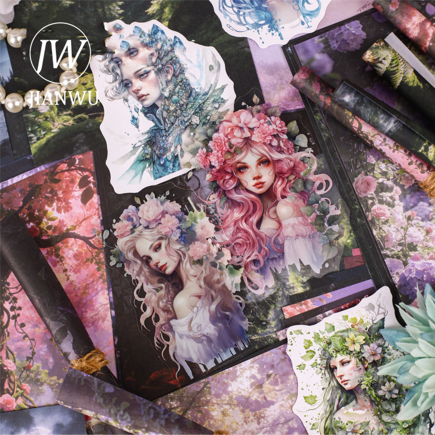 JIANWU Silent Forest Immortal Seeking Series Vintage Flower Landscape Collage Material Paper Creative Junk Journal Stationery