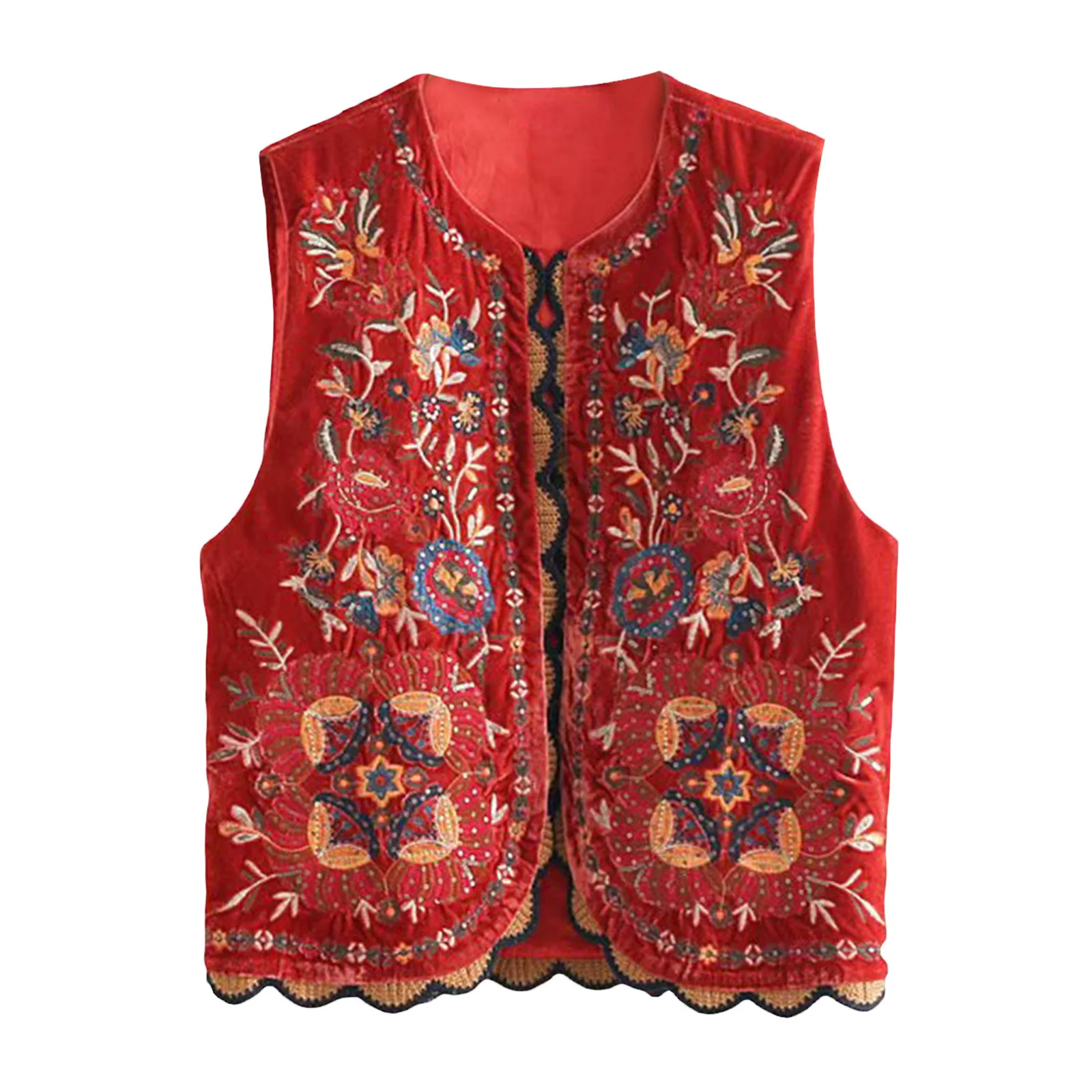 Combhasaki Gilet in velluto Vintage Y2K da donna senza maniche con volant sul davanti aperto Trim Flower ricamo Outwear Gilet per Casual Street