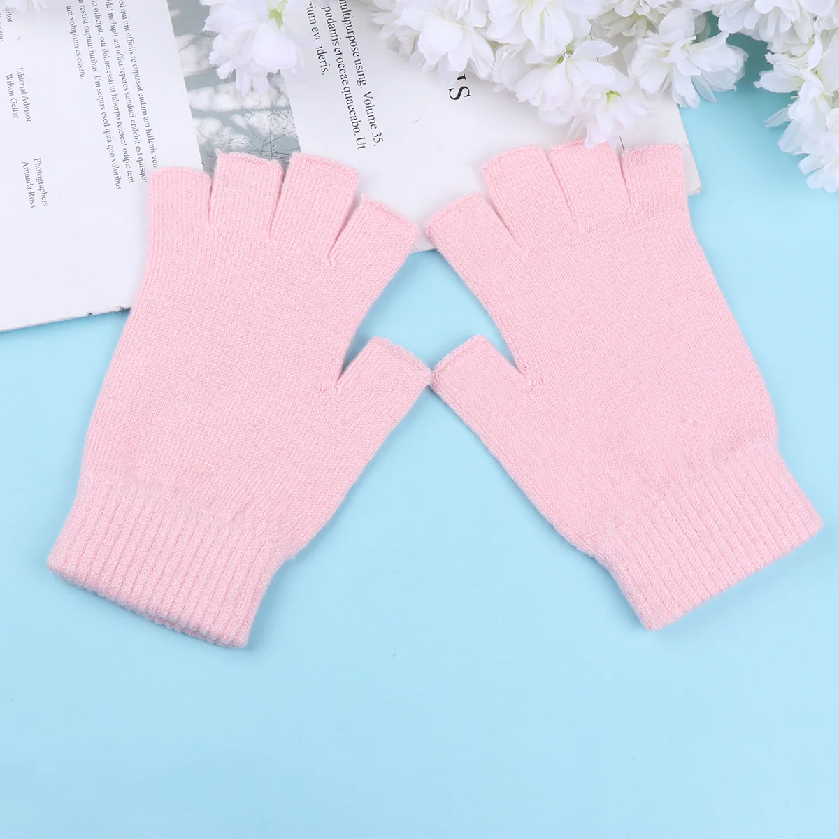 قفازات نصف إصبع محبوكة دافئة باللون الوردي للنساء للشتاء، ناعمة ومريحة ومسامية، مجموعة ملابس رائعة #4