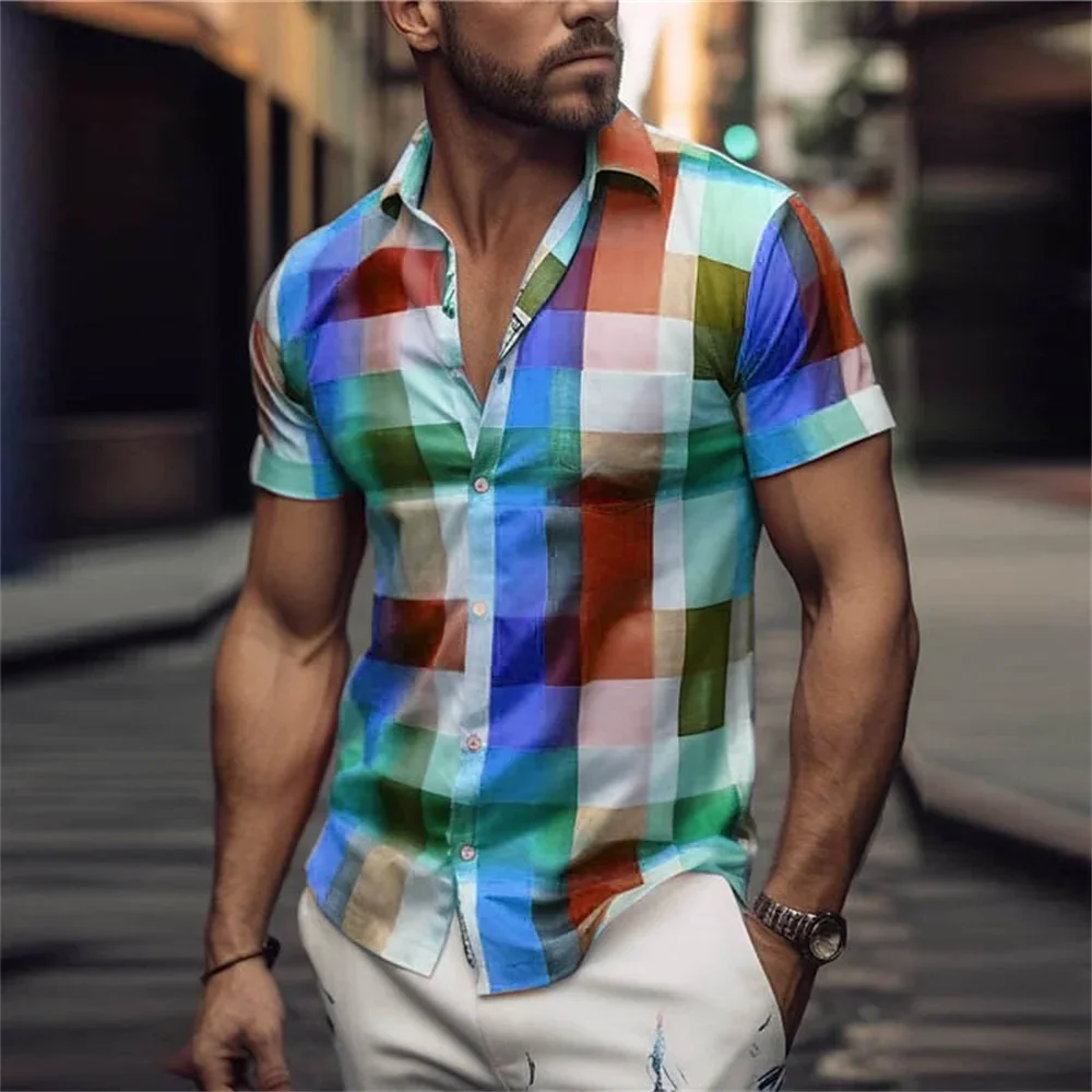 New Hawaiian shirt men's solid color 3D patchwork pattern lapel button up short sleeved shirt plus size holiday clothing 2024