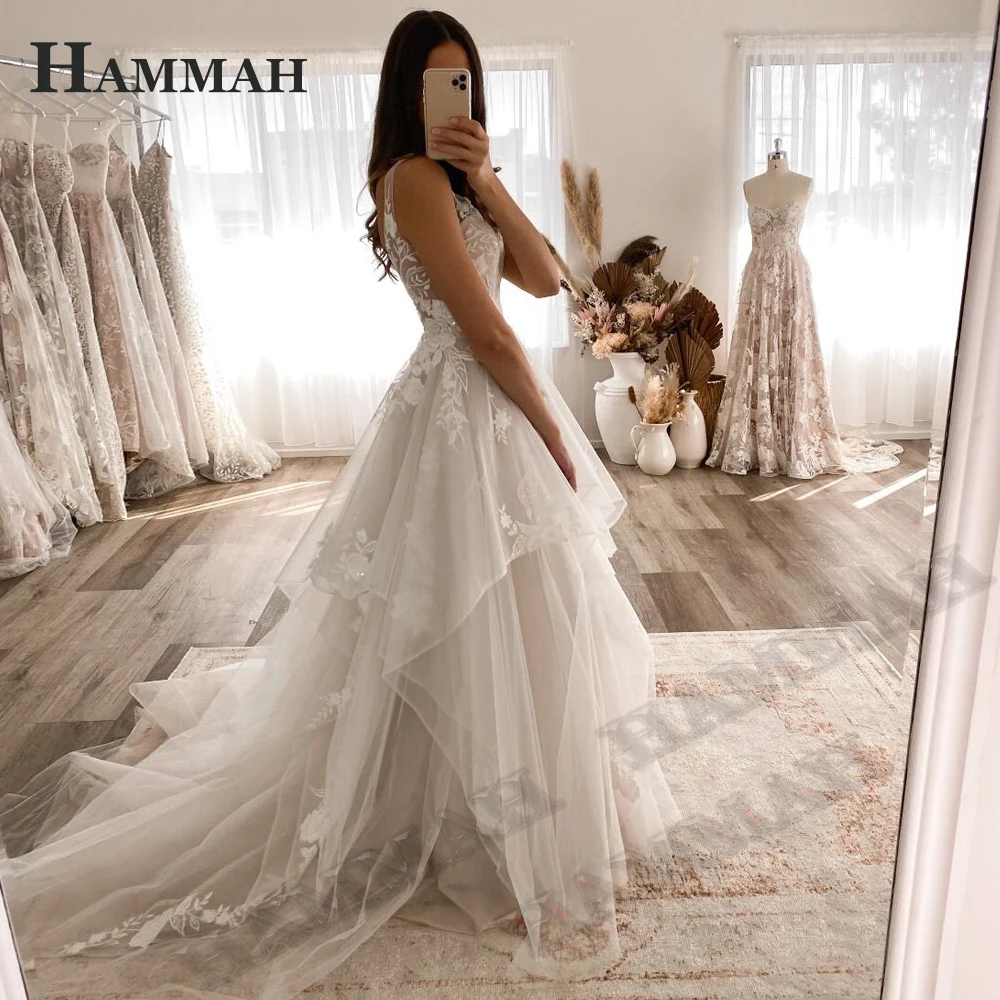 2024 Modest Brush Train Wedding Dresses Brides Gown Tiered Appliques Backless Sposa Vestidos Bridal Party Suit Robe De Mariée