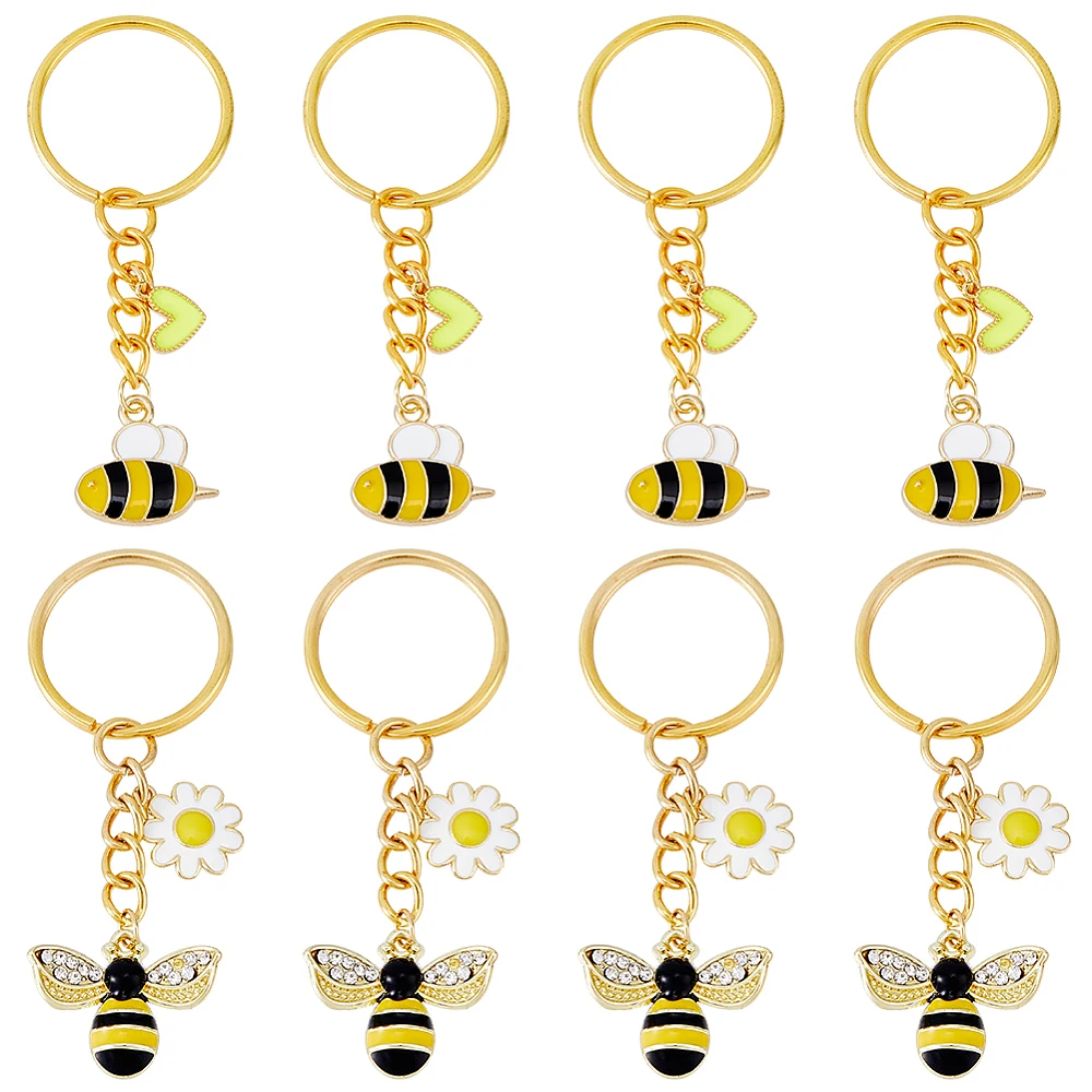 8Pcs Golden Bee Charms Keychain Rhinestone Honey Bee Keychains Cute Animal Keychain Bumble Bee Keychain Alloy Enamel Insect Key