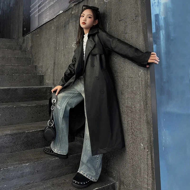 Teen Girls Trench Coats Autumn Black PU Leather Long Overcoat 6 To 14 Years Children Jacket Tops Fashion Casual Kids Outerwear