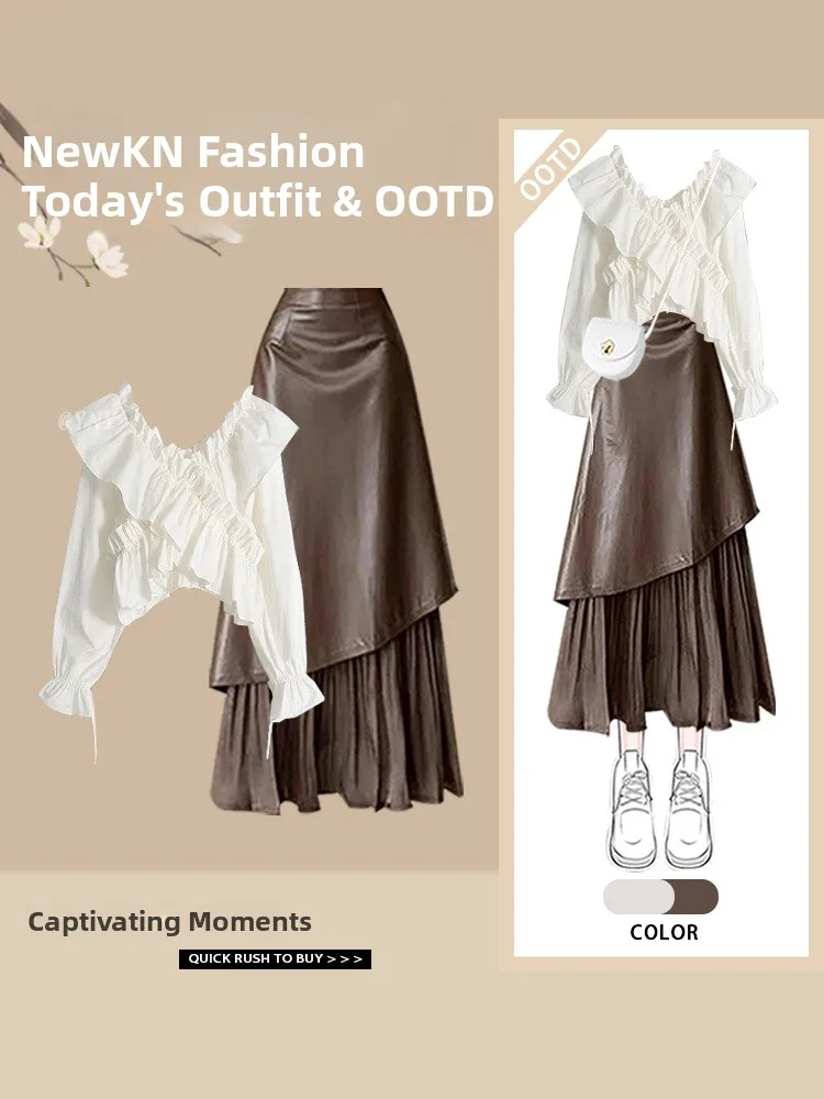 

Korean Sle ort V-Ne Top And f Skirt Two-Piece Set Women's Spring New Age-Defng Meat-Covering Design Splicing Skirt