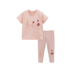 Little maven Girls 2024 Summer Set Tracksuit Outfit Clothes Sets Pink Cartoon Ballet Children Tops+Pants Kids Clothes Cotton