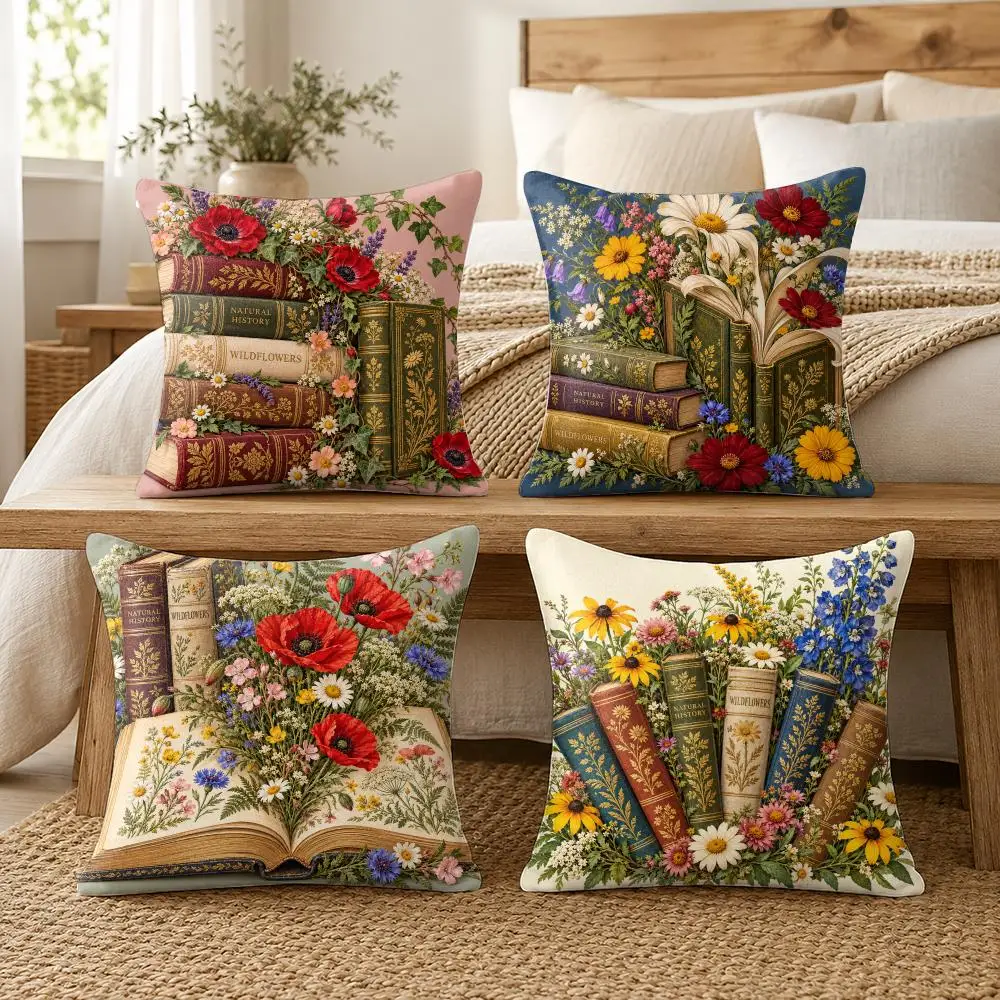 Vintage Book Lover Floral Cushion Cover Soft Short Plush Pillow Cases Hidden Zipper Cutecore Sofa Bedroom Home Decor Gift