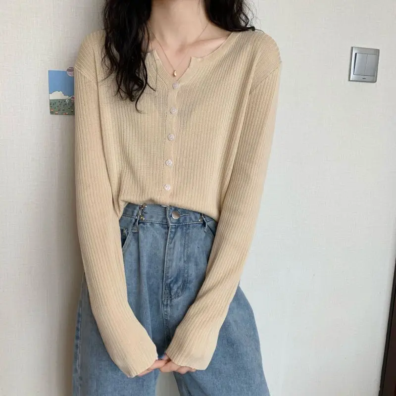 Women Clothing Chic Solid Vertical Grain Button Cardigan Summer Casual Loose O-neck Short Sleeve T-shirt Fashion All-match Tops