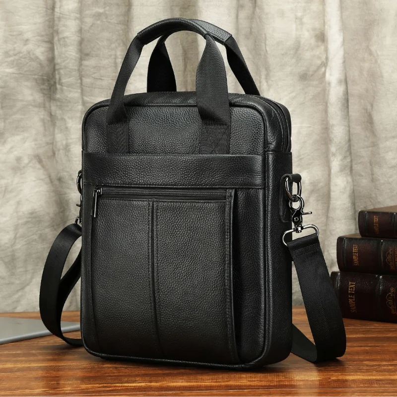 Genuine Leather Vertical Men's Briefcase With Zipper Business Cowhide Handbag MultiFunction Male Shoulder Messenger Bag