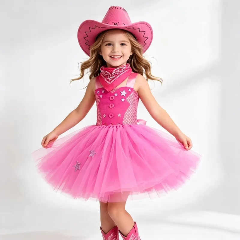 Girls Western Cowgirl Tutu Dress Hot Pink Star Tulle Costume with Cowboy Hat Halloween Carnival Birthday Party Outfit