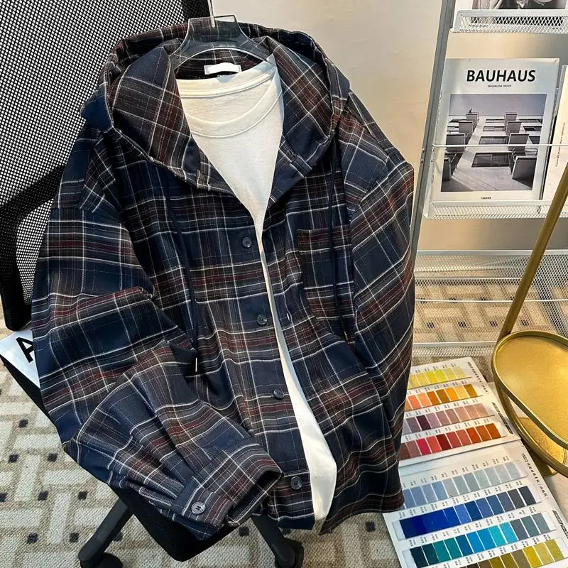 

Blue Plaid Hooded Long Sve Men's irt Casual American Sle Loose Fit Versatile Outerwear for Youth All Seasons