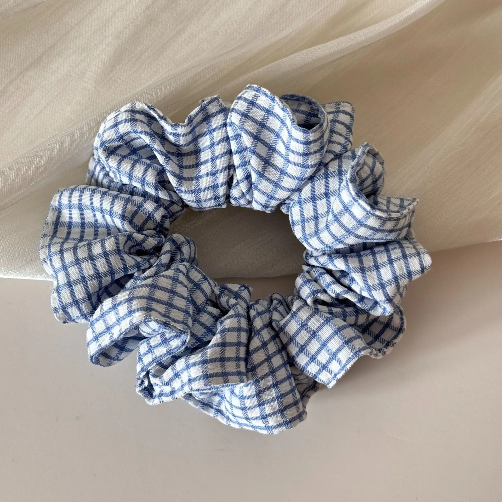 

Fashion Hair Band Blue White Plaid Fabric Elastic Ponytail Holder Stylish Hair Tie Solid Color Hair Accessories Scrunchies