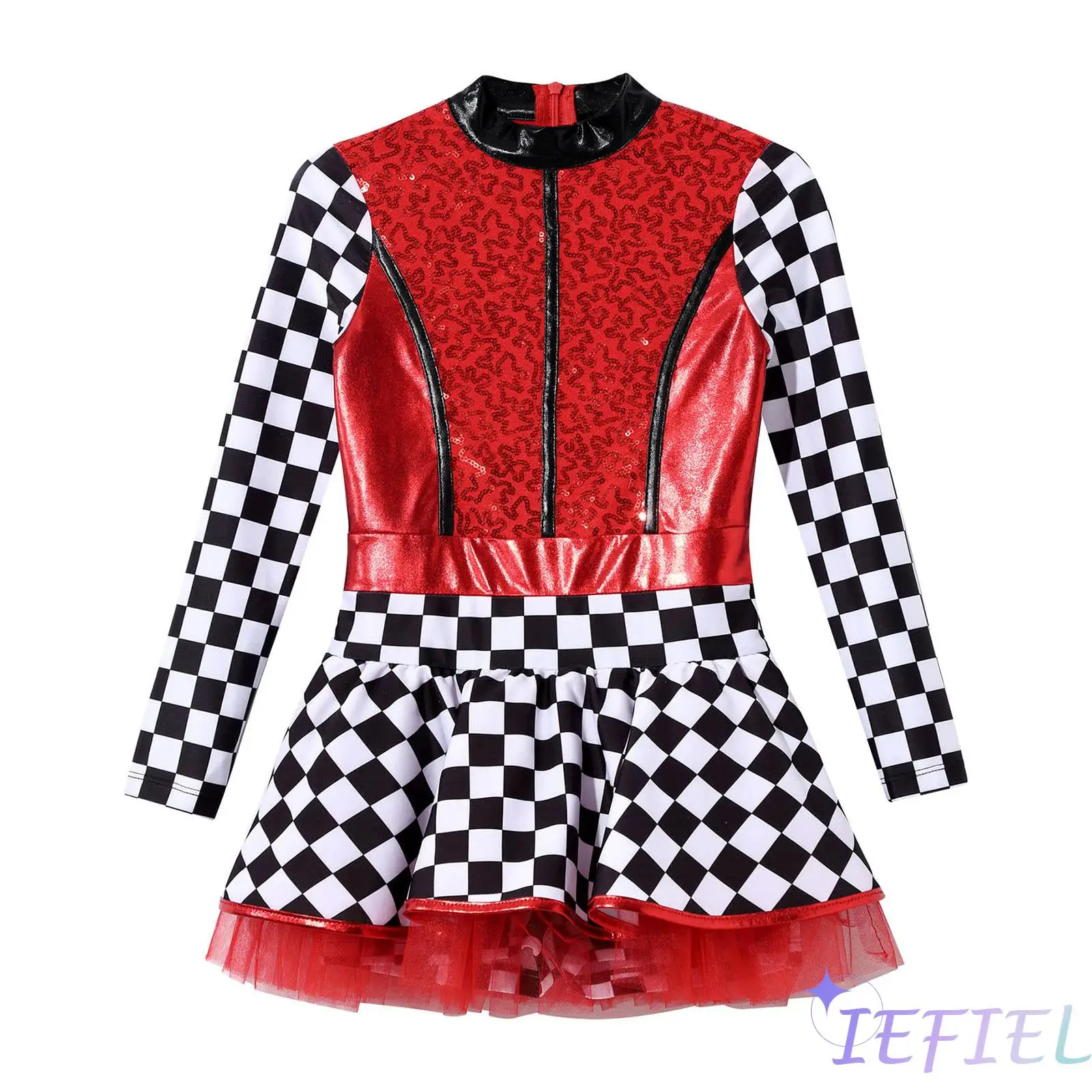 

Children Halloween Carnival Dress Up Racer Racing Driver Cosplay Party Costume Cheerleading Dress Checkerboard Printed Jumpsuit