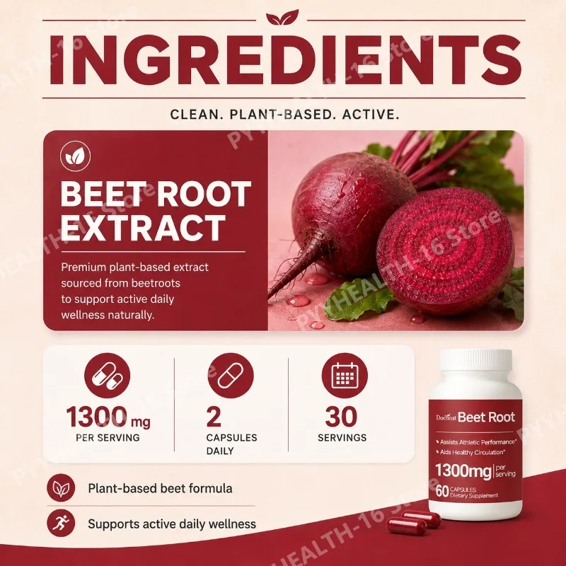 Docteat Beet Root Extract Capsules 1300mg per Serving Plant Based Daily Wellness Supplement for Men and Women 60 Capsules