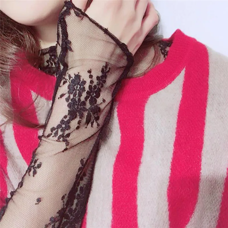 Korea Style Mesh T Shirt Lace Flower Under Shirt Long Sleeve Transparent Tshirt Sexy Black Lace See Through Mesh Tee Tops Women