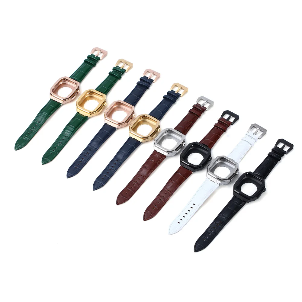 

Luxury Metal Case For Apple Watch Band Series 41/45mm 40/ 44mm Genuine Leather Strap Modification Kit For iWatch 7654