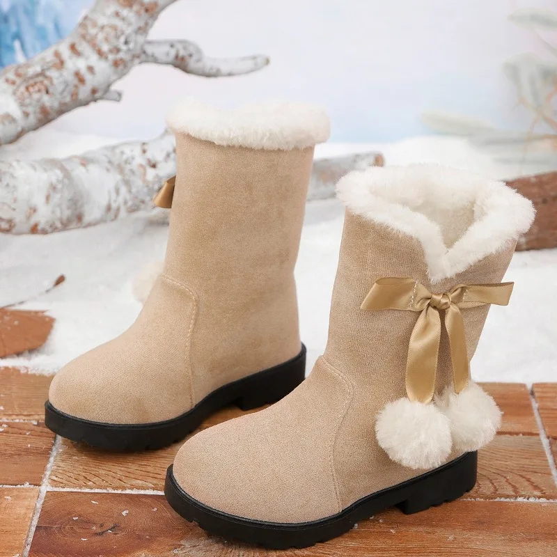 Children's Winter Boots for Girls Princess Medium Big Kids Snow Boots Warm Fur Bowtie with Hairball Cute Sweet Plush Suede Boots