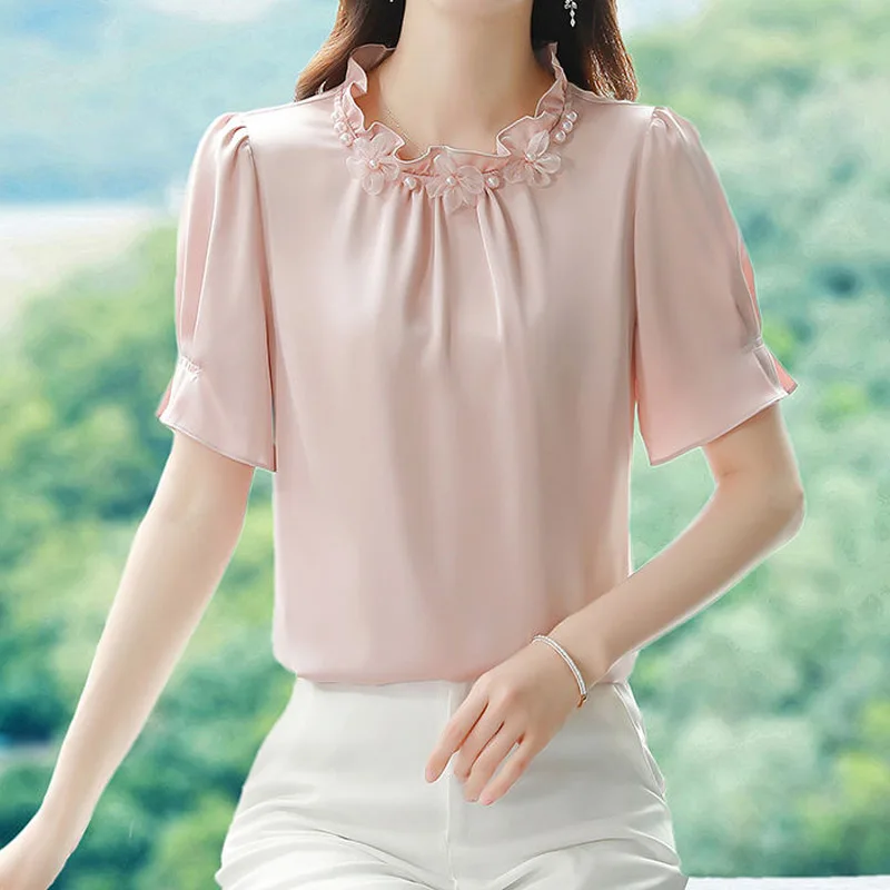 Temperament Plus Size Blouse Summer New Short Sleeve O-neck Solid Color Loose Office Shirt Tops Elegant Vintage Women Clothing