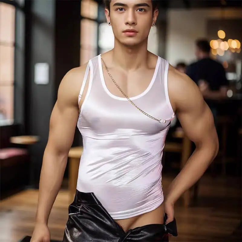

Sexy Chain Seamless Underwear Men's Ice Silk Transparent Vest Lightweight Silky Tight Sports Base T-Shirt