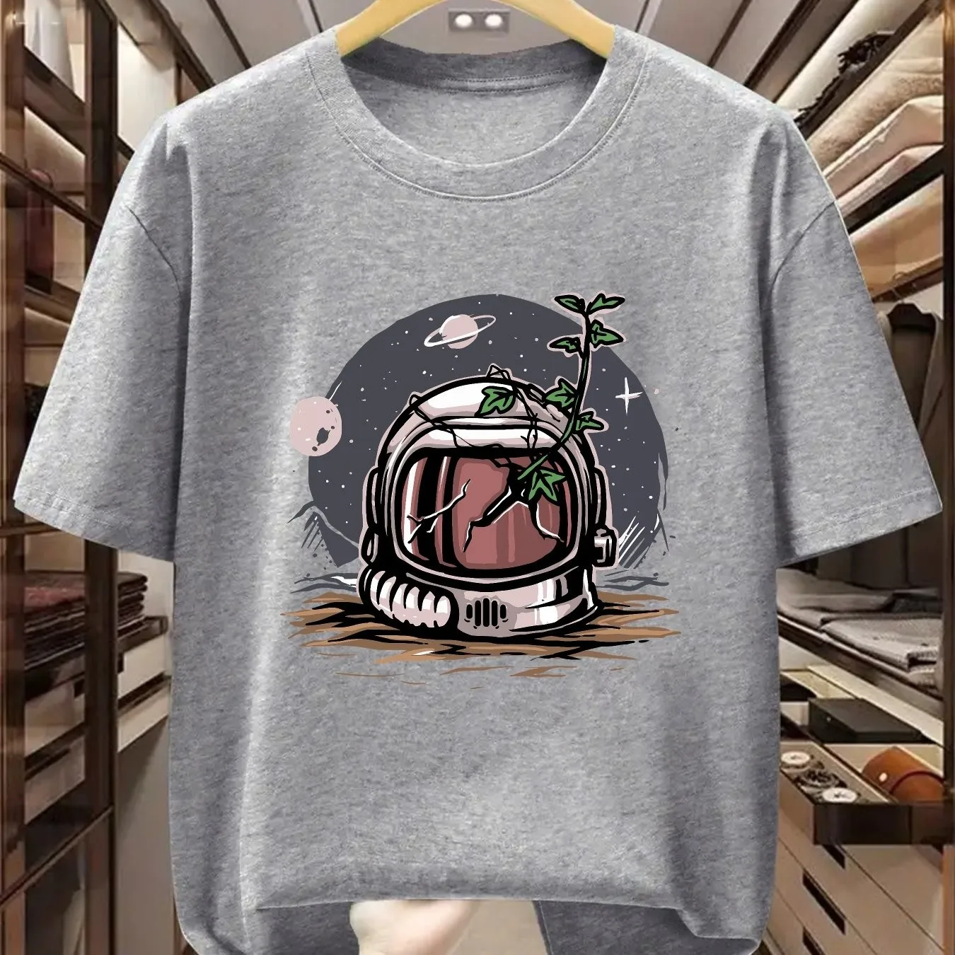 Astronaut Helmet Sprouting Plant Graphic Tee Breathable Cotton Casual Short Sleeve T-Shirt