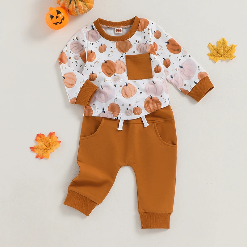 Conjunto infantil de fantasia de Halloween com top e calças com estampa de abóbora de manga comprida para meninos, coleção de roupas de outono