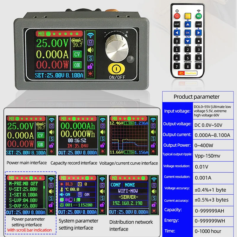 Imagem -02 - Módulo de Alimentação Ajustável dc Buck Converter Laboratório Step-down Regulador de Tensão Wi-fi App Xy5008 400w 50v 8a cc cv