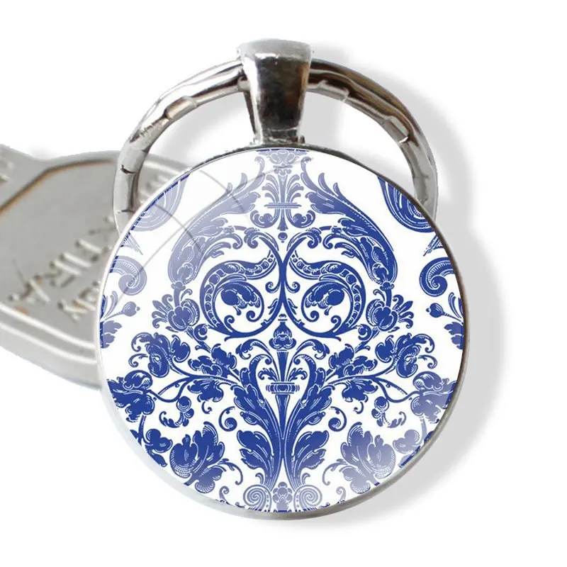 Blue and white Porcelain Flowers Keychain Handmade Glass Cabochon Key Ring Holder Pendant Key Chains