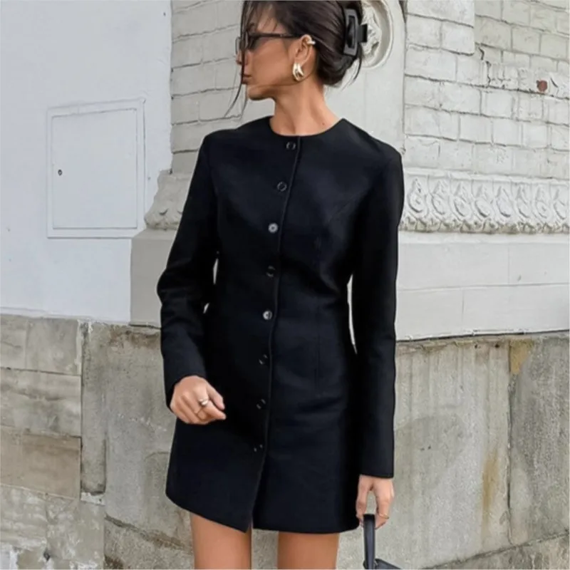 

New Women's Dress Autumn Solid Color Temperament Elegant Commuter Style Waist Long Sleeves Round Neck Single Breasted Dresses