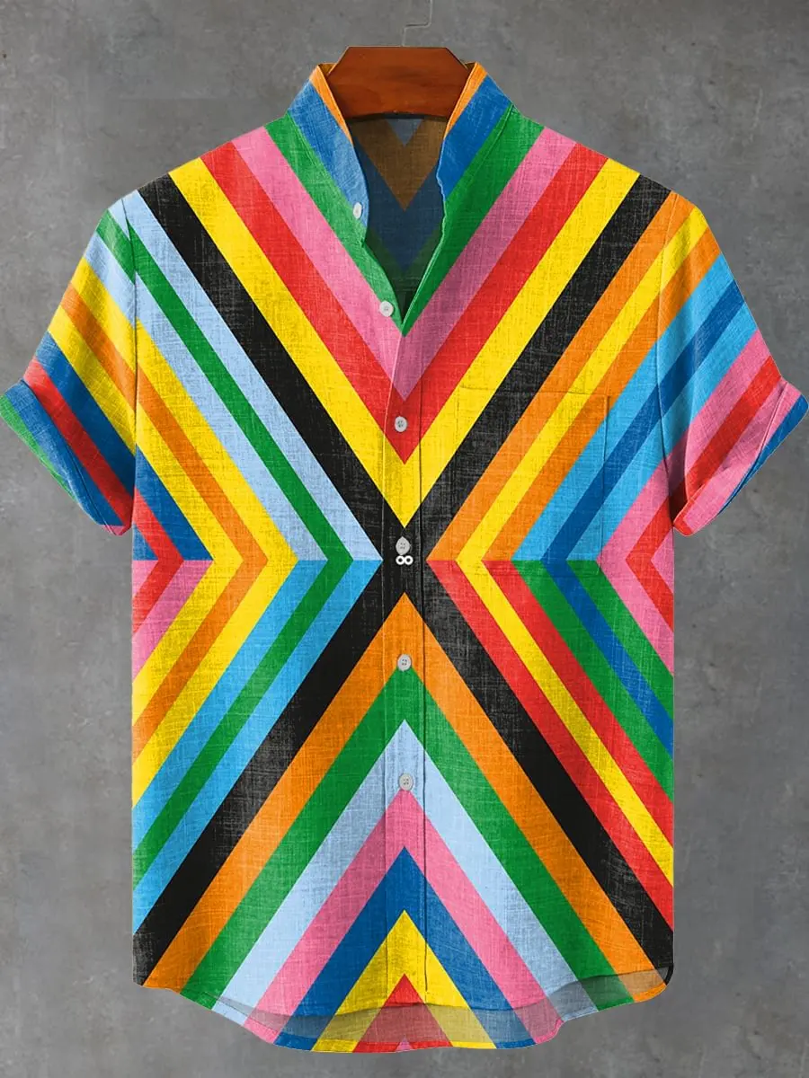 

Men's Shirt Comfortable Short Sleeve Linen Men's Shirt Elegant Geometric Striped Pattern Casual Fashionable Men's Shirt