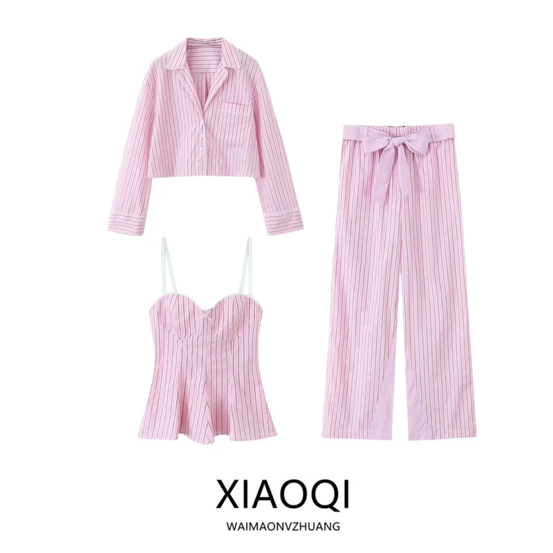 

Spring 2025 Women's Striped Silk Cotton Long Sve ort irt High Waist Long Pants Faion Set New Arrival Ele Casual ...