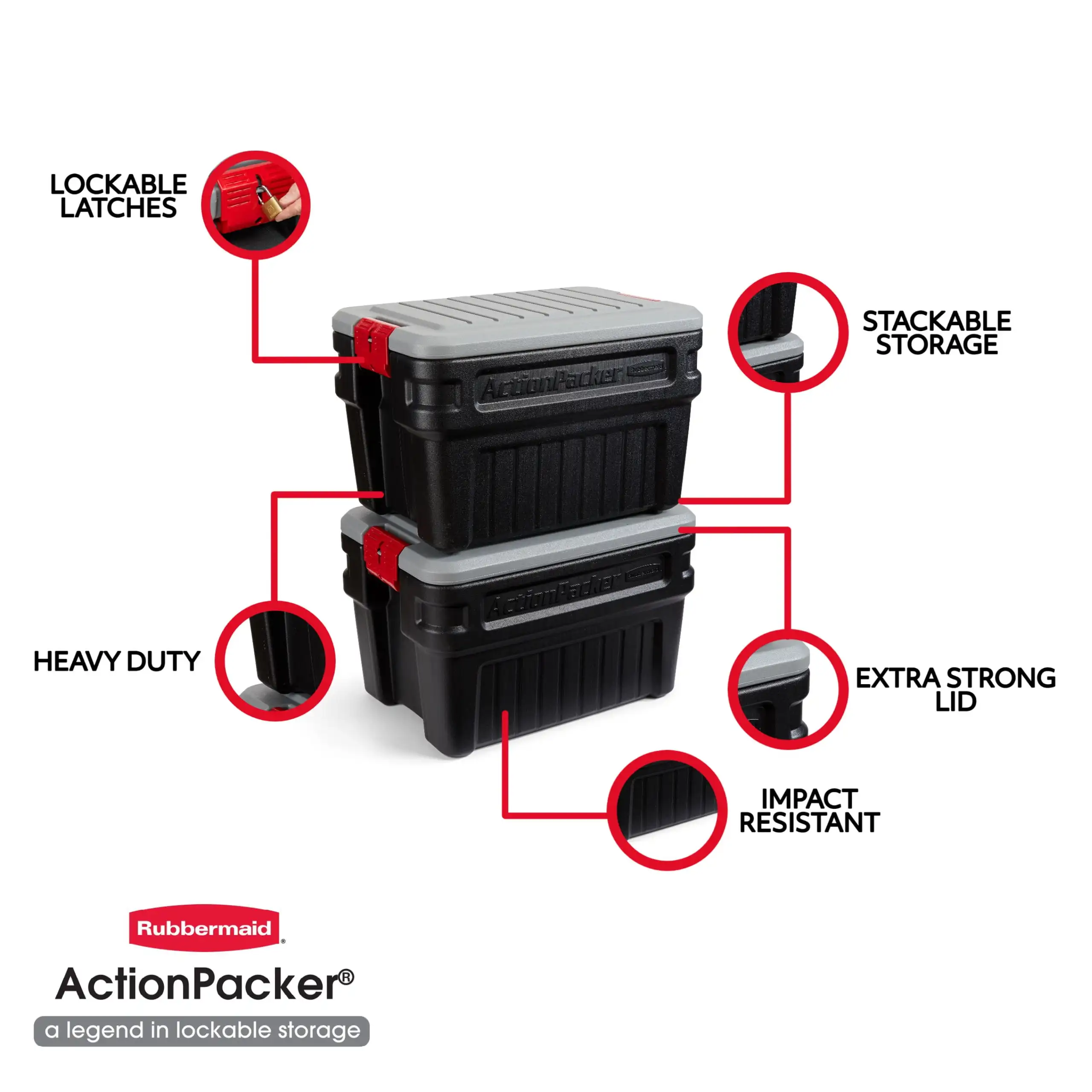 Rubbermaid 24 galon ActionPacker tempat penyimpanan, tugas berat, dapat dikunci, hitam, termasuk tutup