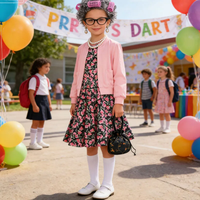 الأطفال سيدة عجوز لعب الأدوار زي الفتيات 100 يوم من المدرسة فستان الجدة رمادي شعر مستعار الجدة نظارات عيد ميلاد تأثيري حلي