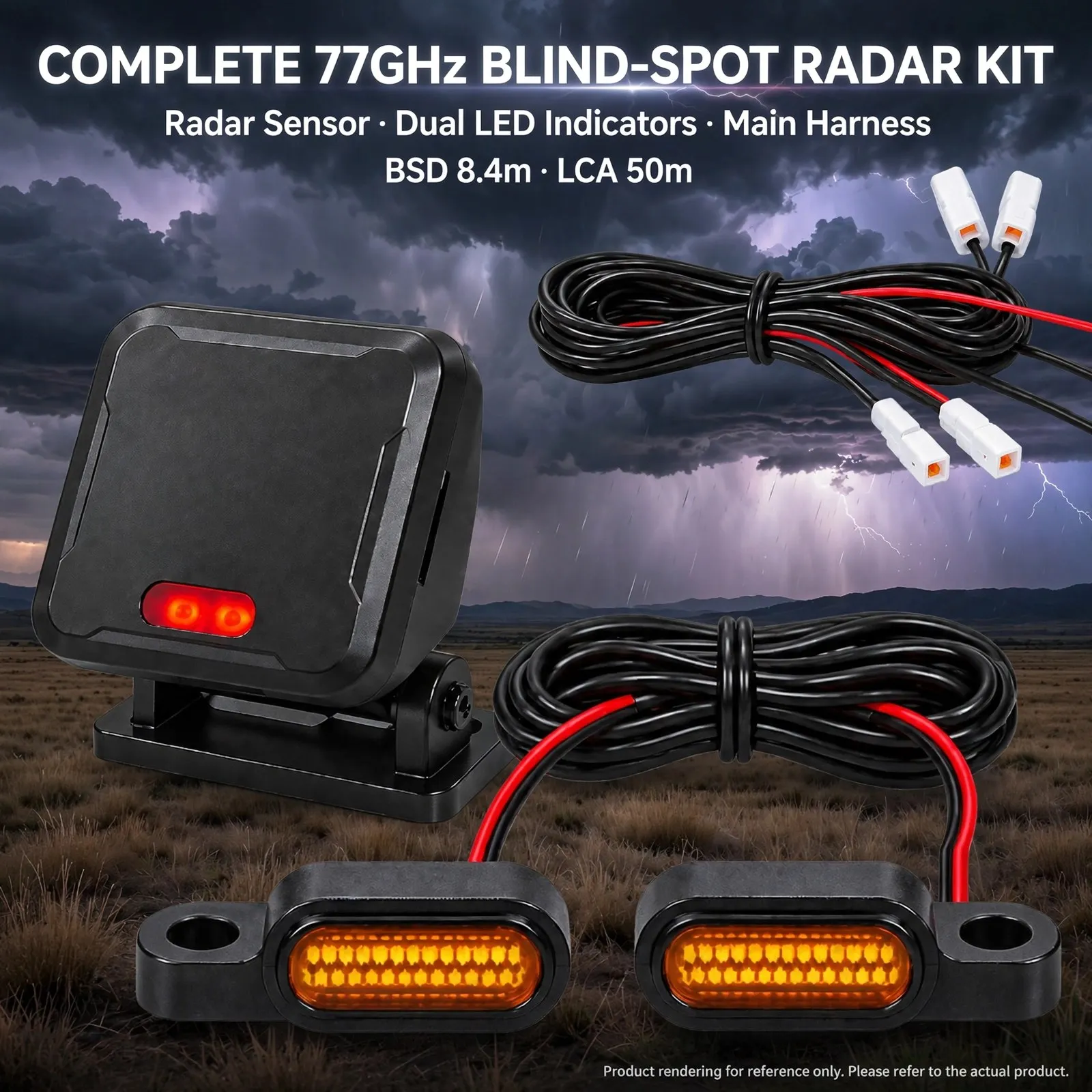 77GHz Motorcycle Blind Spot Monitoring Radar System with Dual LED Warning Indicators – Up to 70m Rear Detection, BSD 8.4m, LCA 5