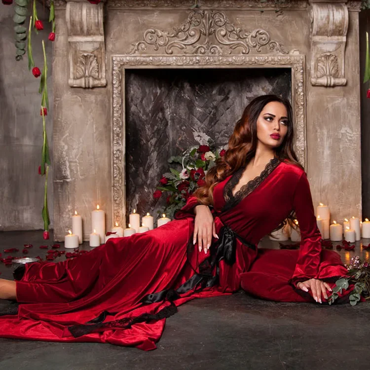 

Ультра длинное утреннее платье, осенне-зимняя велюровая одежда для сна, женский теплый халат, кимоно, сексуальная ночная рубашка с кружевной отделкой, домашняя одежда для невесты