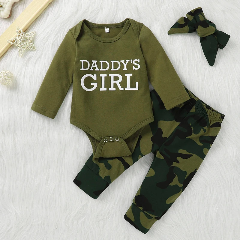 0M-12M Infant Girls Summer Army Green Short-sleeved Bag Fart Coat Triangle Ha Clothes + Camouflage Trousers Three-piece Set