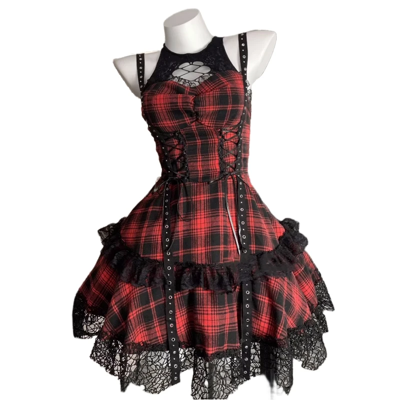 

Новинка: Костюм для косплея в стиле рок-шик, готика, панк — красно-черное платье без бретелек с кружевом, юбка для новогоднего образа, аниме-стиль