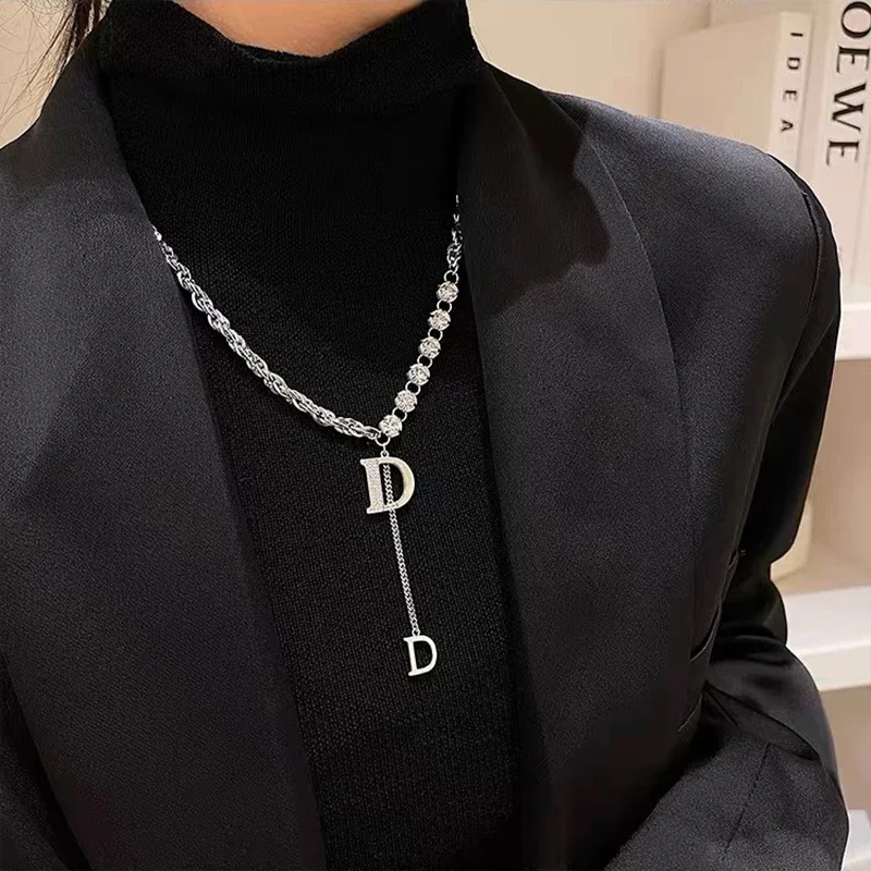 Micro Setting Zircon D Letter Pendant Long Necklace Winter Sweater Chain Fashion Jewelry For Woman Girls Party Gift image 2