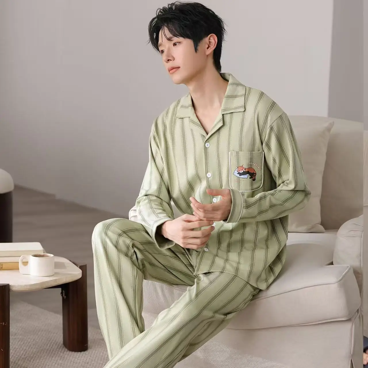 

Мужские пижамы, весенне-осенний кардиган с длинными рукавами и лацканами, повседневные пижамы большого размера, мужская осенне-зимняя домашняя одежда, универсальный комплект
