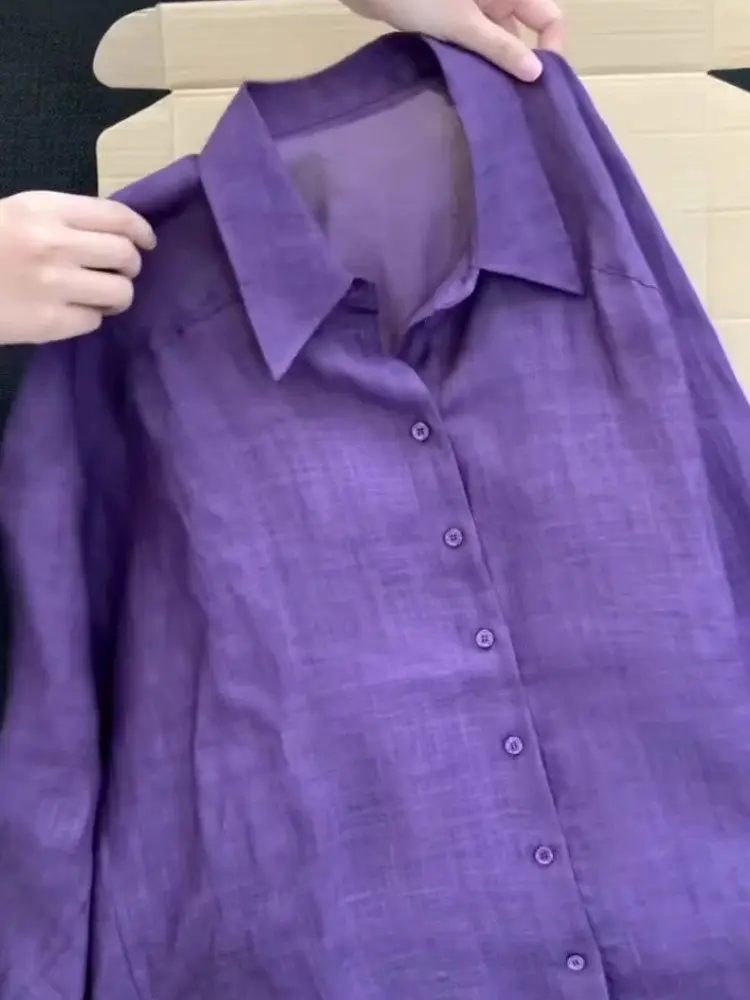 Summer Lightweight Loose Fit Linen Sun Protection Shirt Women's Breathable Purple Design Casual Neck Button up Top